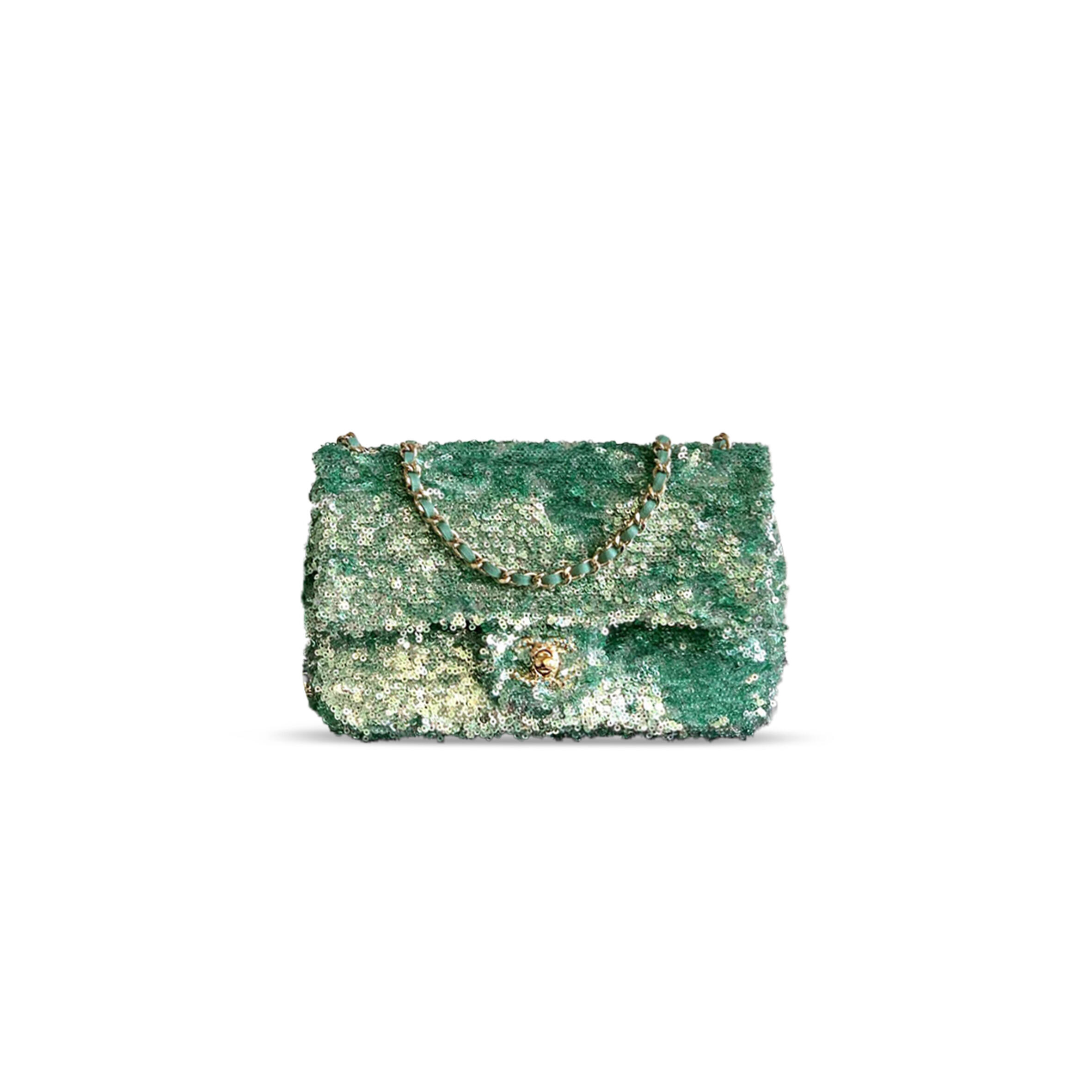 Ch*el flap bag sequins & gold-tone metal golden & green as4561 (21*14*8cm)